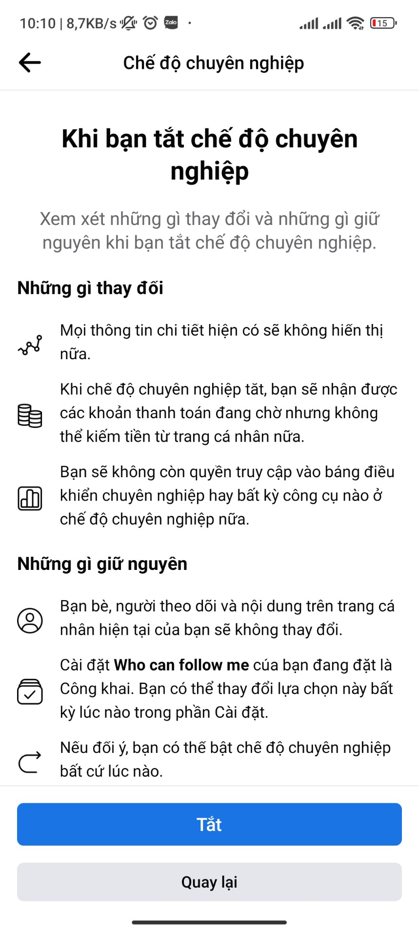 Tắt chế độ chuyên nghiệp trên facebook