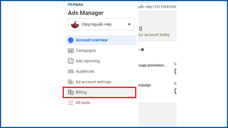 chọn mục "Billing"